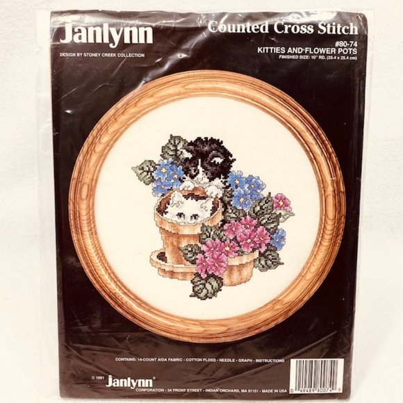 Janlynn Kitties and Flower Pots" Cross Stitch Kit - New/Sealed (1991) - Picture 2 of 6